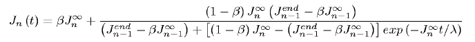 \begin{displaymath} J_n\left( {t}\right) =\beta J_n^{\infty } +% \frac{\left(...  ...) \right]% exp\left( {-J_n^{\infty } t / \lambda }\right) }
\end{displaymath}